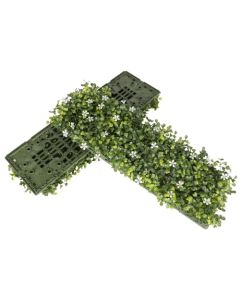 E&K 27 PCS 18"x6" Artificial Plant Panels with Single Side White Flowers Panels Hard Back Faux Leaf Greenery Grass Wall Decoration for Indoor Outdoor