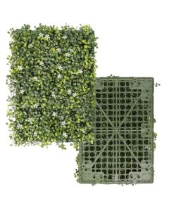 E&K 27 PCS 18"x12" Artificial Plant Panels with Single Side White Flowers Panels Hard Back Faux Leaf Greenery Grass Wall Decoration for Indoor Outdoor