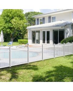 E&K 9 Sets 36"H x 84"L Vinyl White Picket Fence Panels with Ground Spike Decorative Fencing for Pool Garden Patio Backyard Porch (20 Pickets, Scallop)