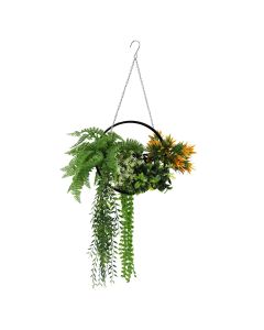 E&K 1 PC Artificial Hanging Plants Faux Leaf with Black Frame S-Shaped Hooks Decoration for Home Garden Office Indoor Outdoor (Green White Orange)
