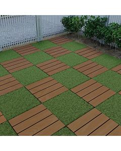E&K Sunrise Artificial Grass gray brown Wood Tiles Interlocking Self-draining Mat Outdoor Patio Balcony Garden grass deck tiles or Indoor Flooring Décor
