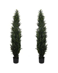 E&K 5FT Artificial Cedar Topiary Trees with Plastic Nursery Pot, Fake Pine Tree Artificial Plant Faux Trees for Home Office Garden Indoor Outdoor Decor (2 Packs)