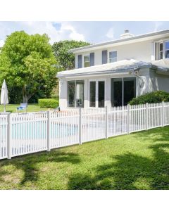 E&K 8 Sets 30"H x 84"L Vinyl White Picket Fence Panels with Ground Spike Decorative Fencing for Pool Garden Patio Backyard Porch (34 Pickets, Straight)