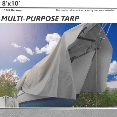 PATIOBREEZE 8 ft  x 10ft Finished Size General Multi-Purpose Tarpaulin Waterproof for Canopy Tent Boat RV Or Pool Cover Silver 10 Mil Poly Tarp with Zip