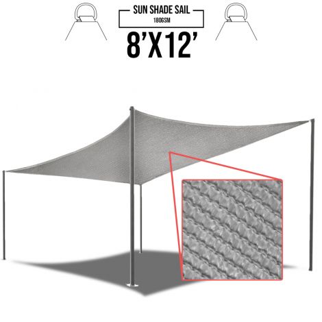 E&K Sunrise 8' x 12' Light Grey Sun Shade Sail Square Canopy - Included Pad Eyes -Permeable UV Block Fabric Durable Patio Outdoor