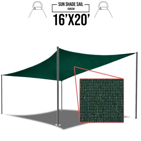 E&K Sunrise 16' x 20' Green Sun Shade Sail Square Canopy - Permeable UV Block Fabric Durable Patio Outdoor Set of 1